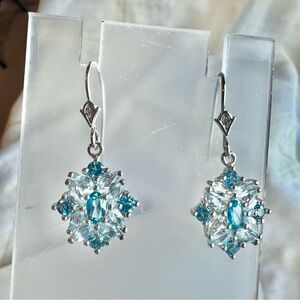 Silver and Blue Crystal Topaz Dangle Earrings, Cluster Bridal Earrings